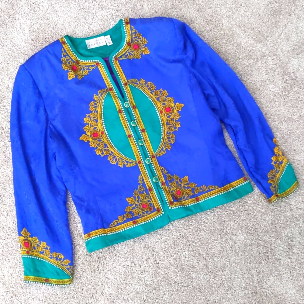 GORGEOUS Vintage Adrianna Papell Jewel Tone Scarf Print Silk Jacket, Size 12 💎